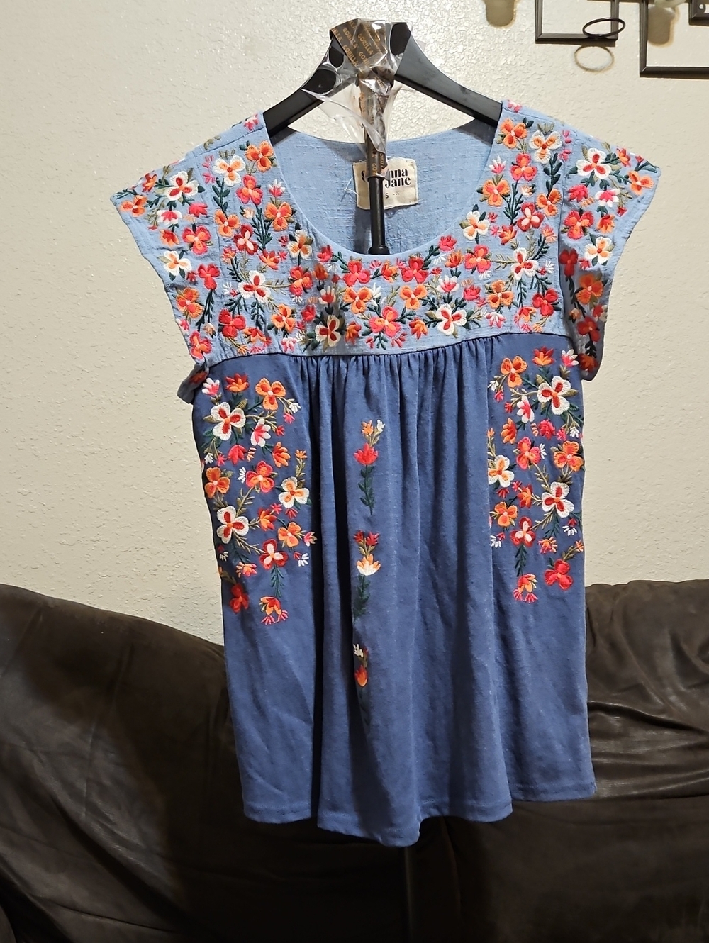 Savanna Jane Light Blue Embroidered Floral Peasant Blouse